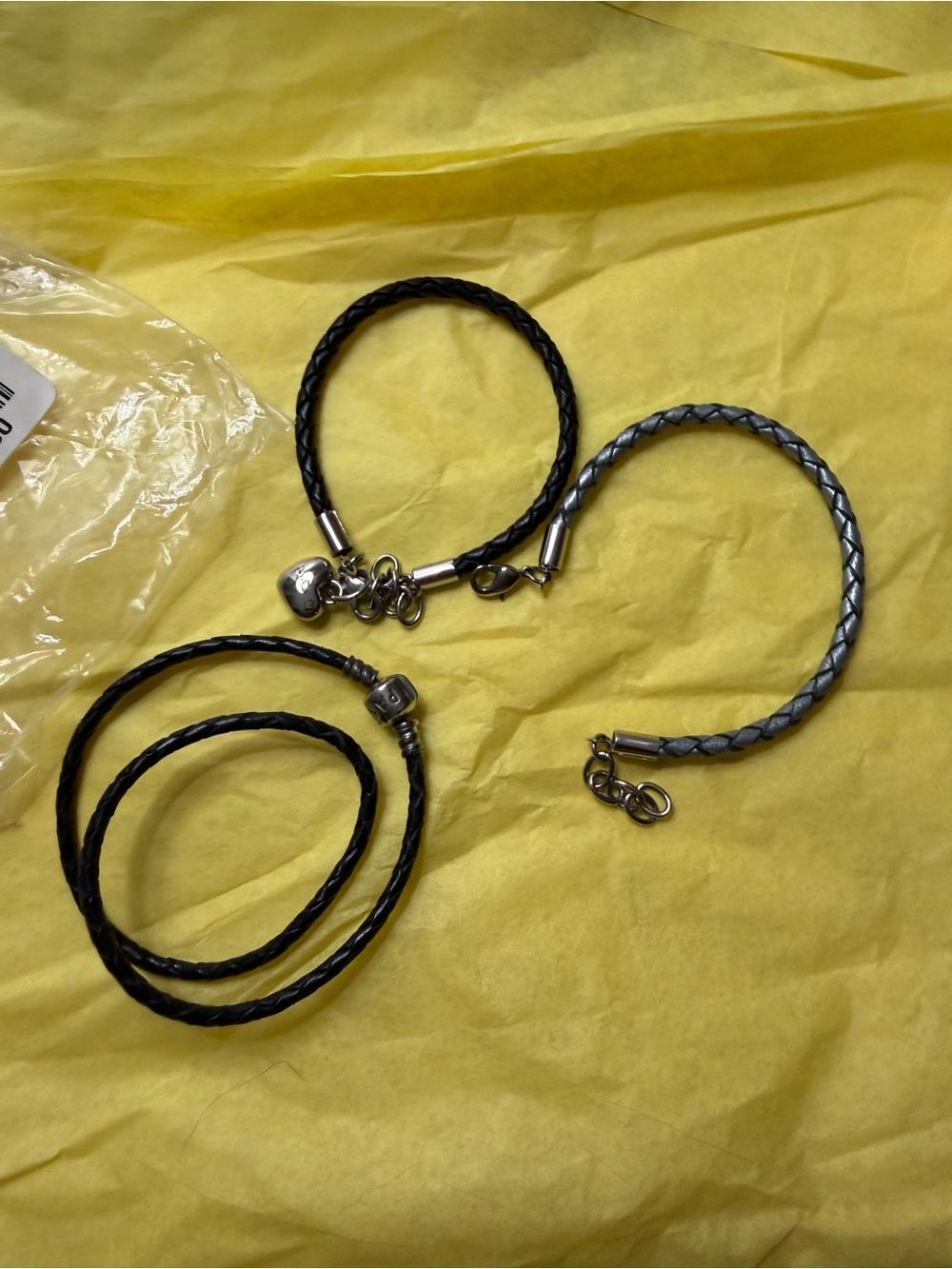 Pandora  Sterling silver  Braided Leather Bracelet sets of 3  - Black and gray